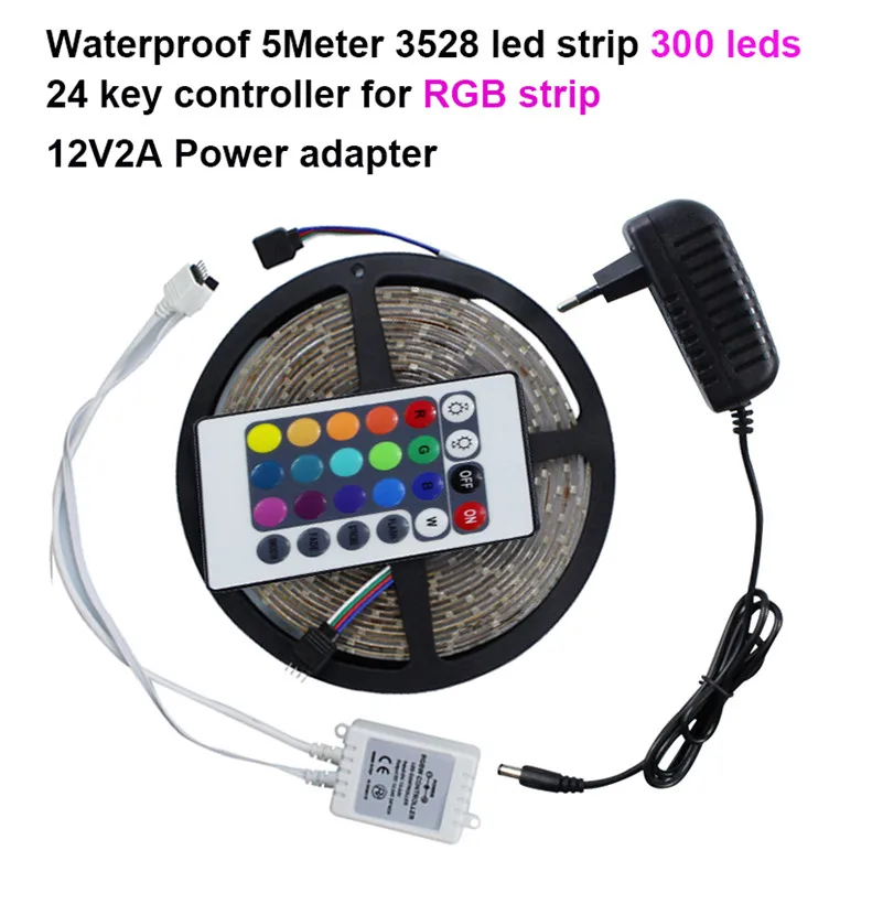 

Waterproof led strip 300leds SMD 3528 DC12V safe strip lighting outdoor 5M with 24Key controller(for RGB) and power adapter