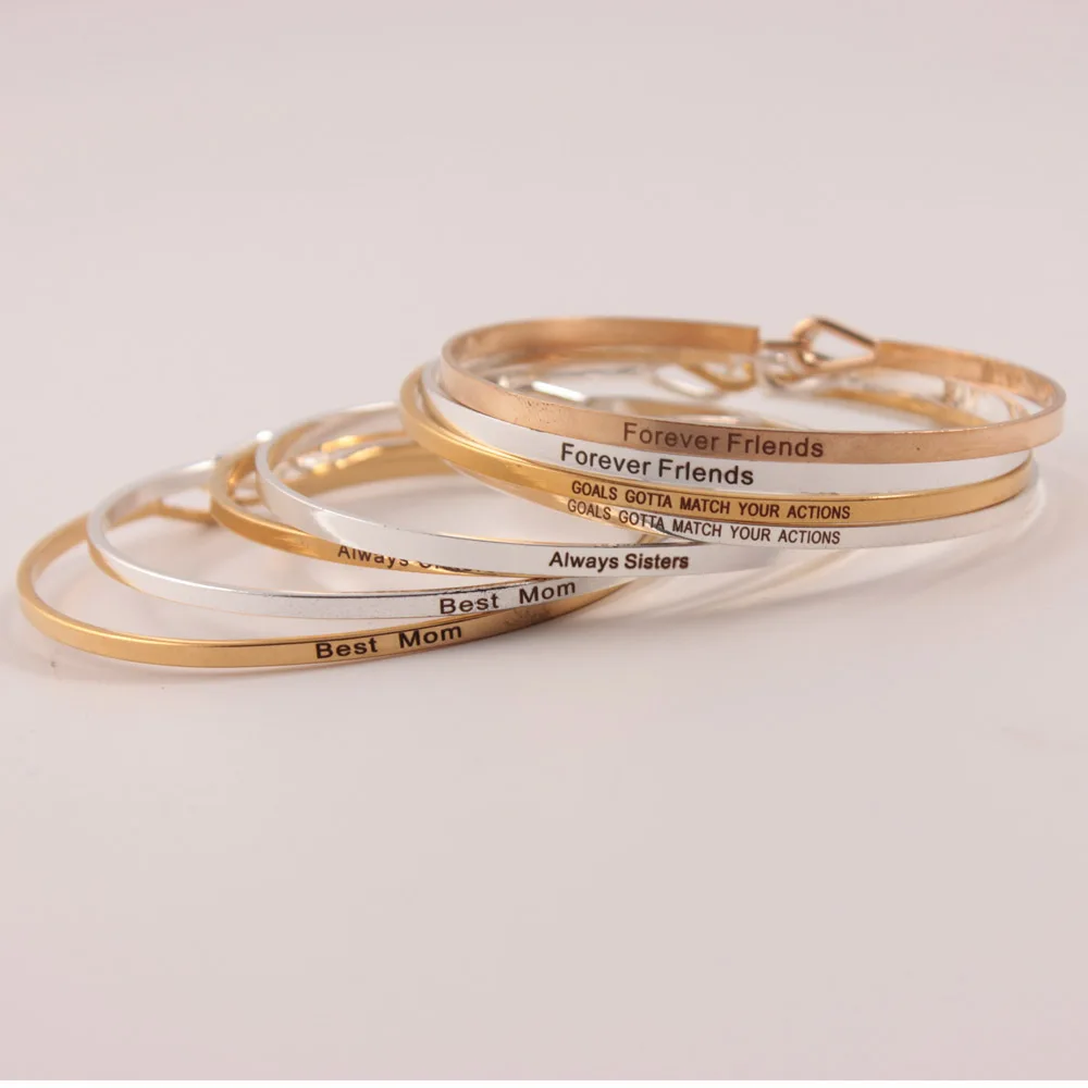 

10pcs Gold Silver Copper Engraved Bracelets Inspirational Positive Quote Cuff Mantra Bracelet Bangle for women