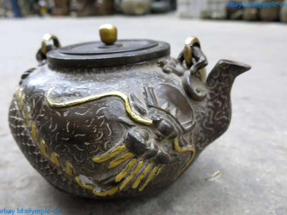 7 &quotКитайский Железный позолоченный резной Прекрасный Дракон Красивый Чайничек