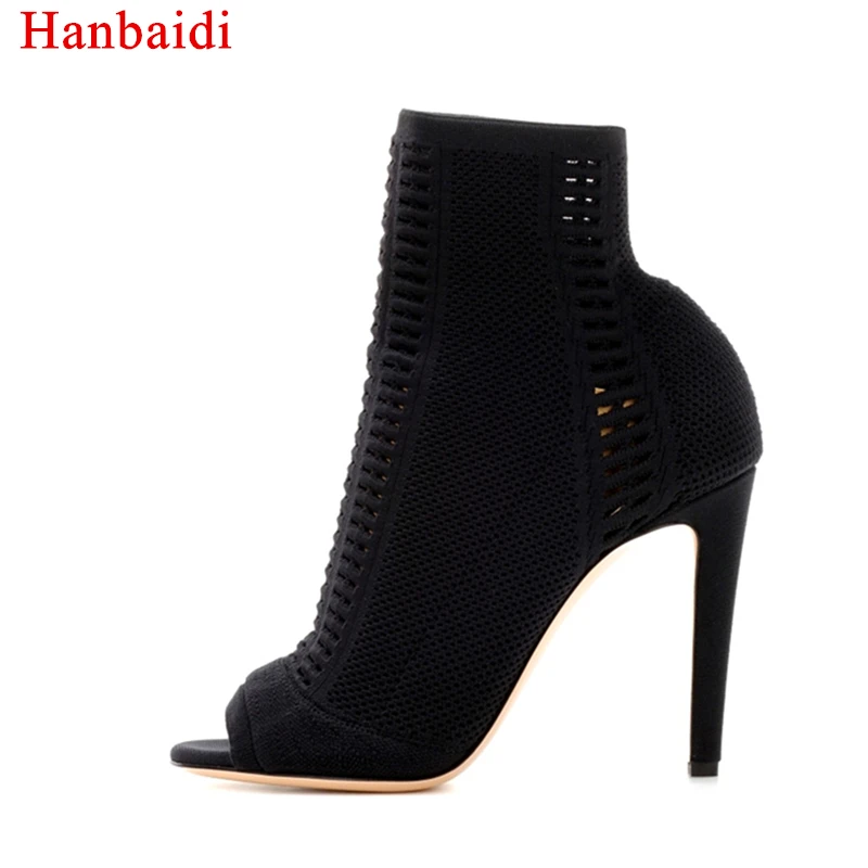 Hanbaidi Fashion Elastic Stretch Sock Boots Women Open Toe Knit Hollow High Heel Shoes Woman Sexy Ankle Summer Zapatos | Обувь