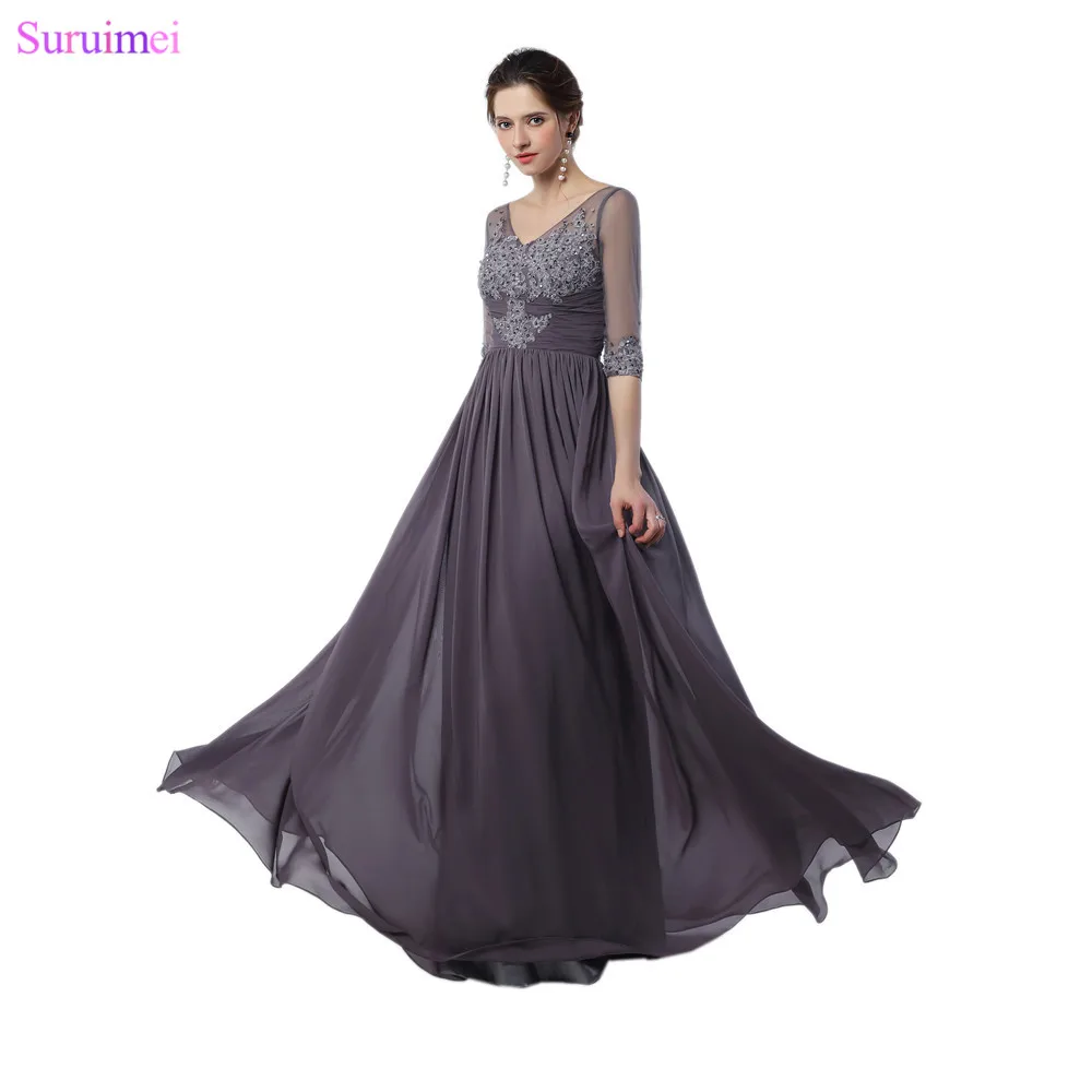 

Gray Evening Dresses Fashion Lace Applique With Half Sleeves Floor Length Chiffon Evening Gown V Back Long Prom Dresses