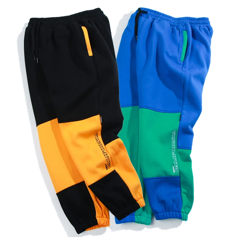 Мужские Цвет блок брюки уличной хип хоп Fleece Sweatpant Harajuku трико для мужчин