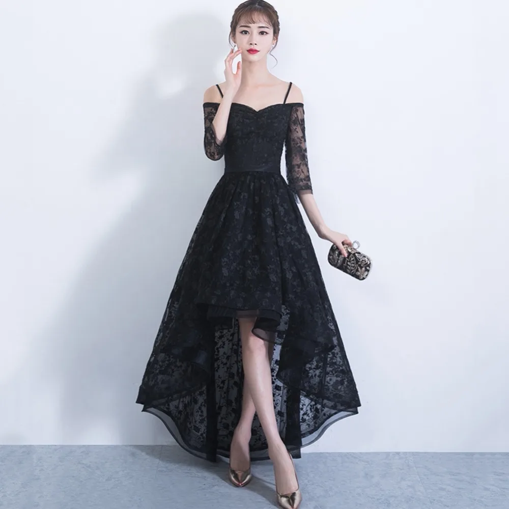 prom dresses sexy black lace vestidos de festa longo high/low dress with 3/4 sleeves sweetheart gown | Свадьбы и торжества