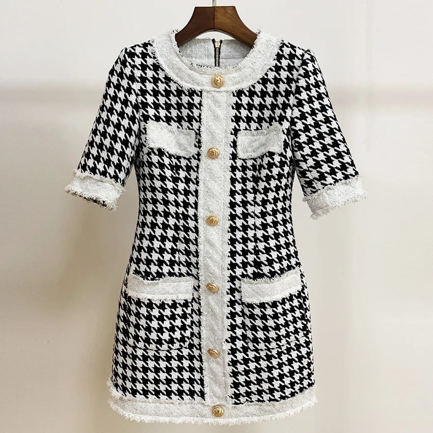 

HIGH STREET Newest 2022 Fall Winter Baroque Designer Dress Women's Short Sleeve Fringed Lion Buttons Houndstooth Tweed Dress