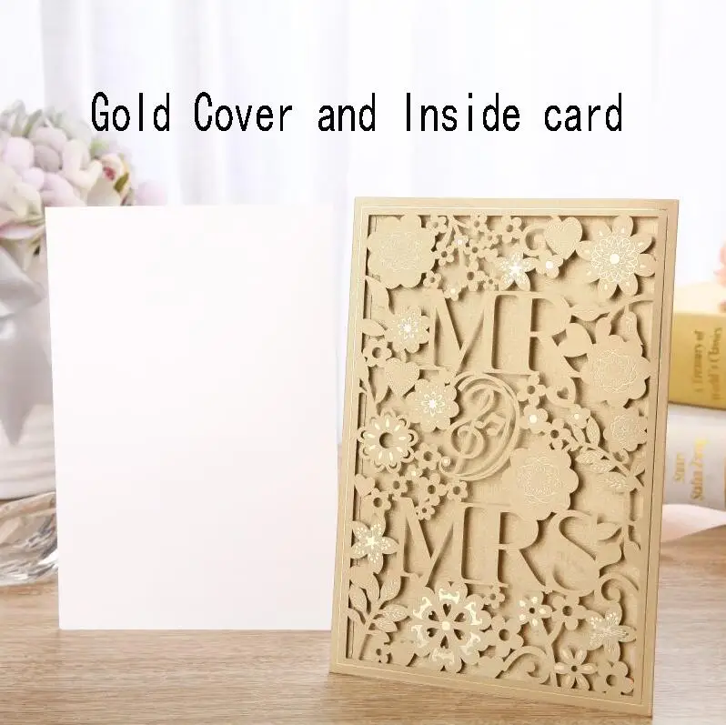 Cover and Inner Card 50pcs White Gold Blue Laser Cut Wedding Invitations Card MR&MRS Elegant Greeting Cards Envelopes Wedding Party Favors Decoration - Цвет: Cover and Inner Card