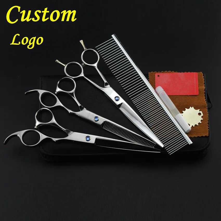 Custom Logo 4 kits pet 7 inch shears dog grooming hair scissors set cutting thinning curved barber clipper hairdressing | Красота и