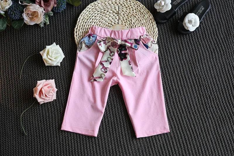 2017 Дети Девочка Комплект Одежды Бантом Летние Цветочные Футболки Топы и Брюки