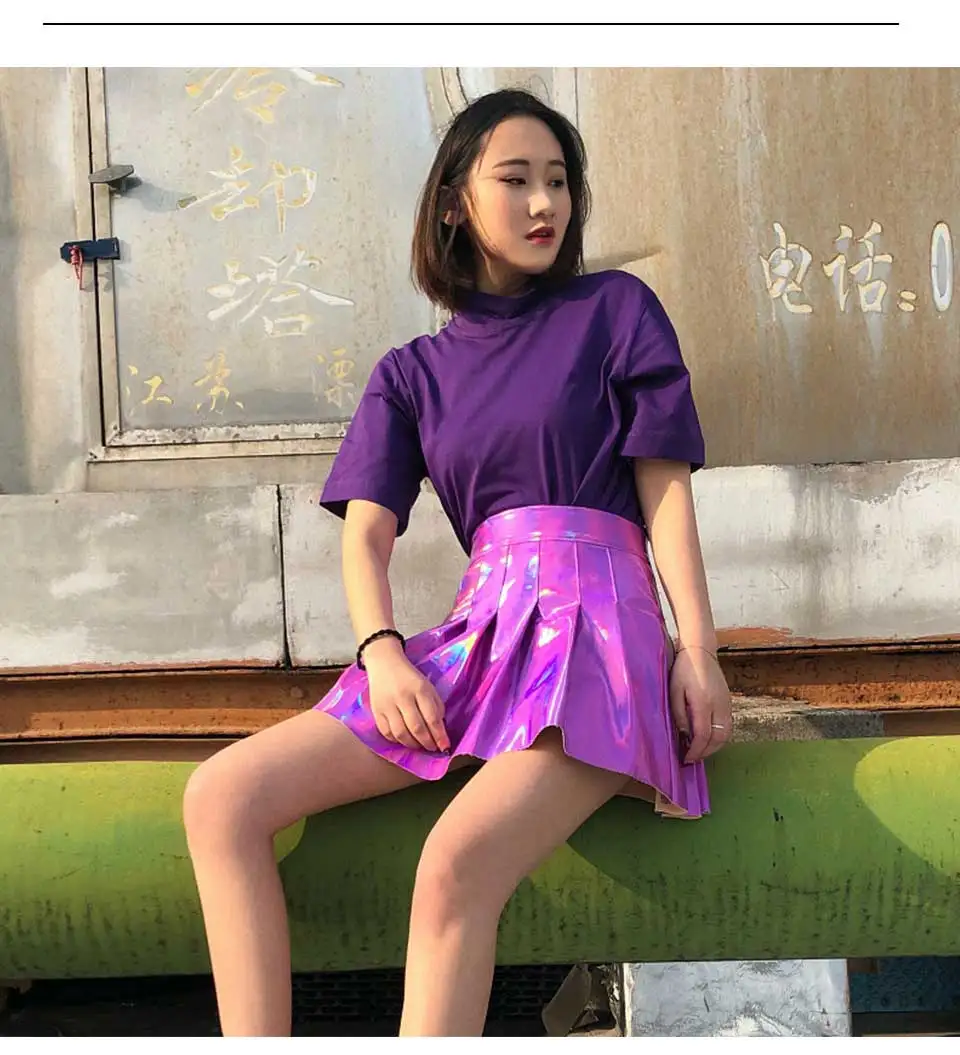 Женская мода Harajuku юбка в складку из искусственной кожи короткая голографическая юбка Уличная Сексуальная Высокая талия мини юбка для девочек