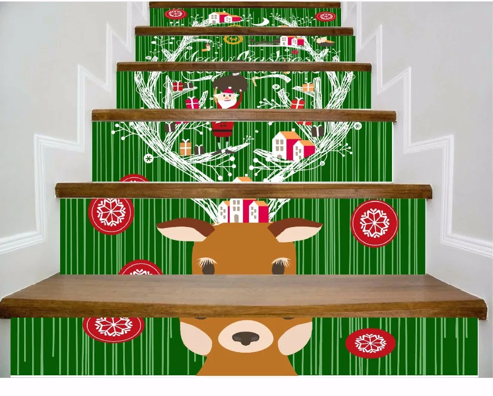 

6pcs/set 18cm x 100cm Elk and Santa Claus Come Together and Give You New Year Presents Stairs Sticker Wallpaper LTT055