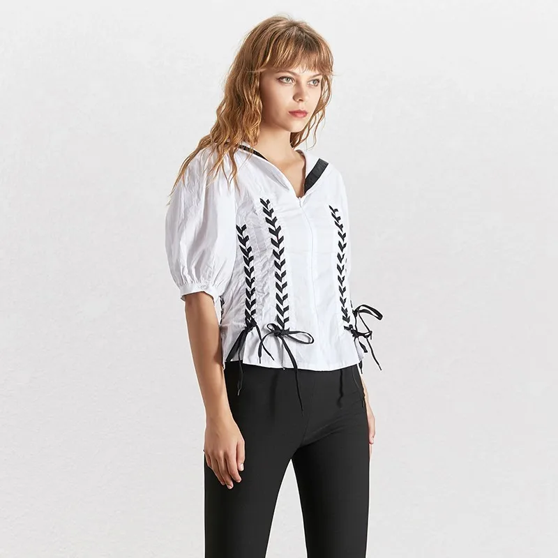 TWOTWINSTYLE Casual Bandage Blouse For Women O Neck Puff Sleeve Tunic Shirt Female Fashion Preppy Style Clothes 2019 Summer |