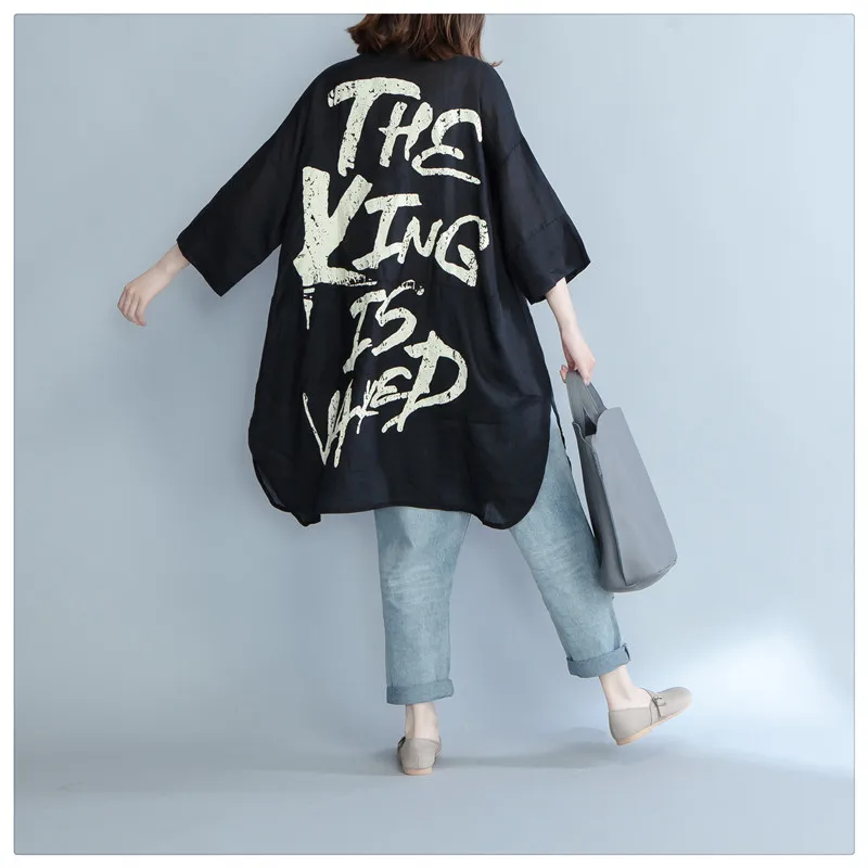 Plus Size 2019 Spring Autumn Women Fashion LetterPrint Button Tops Ladies Female Big Long Loose Split Blouse printing shirt XY41 |