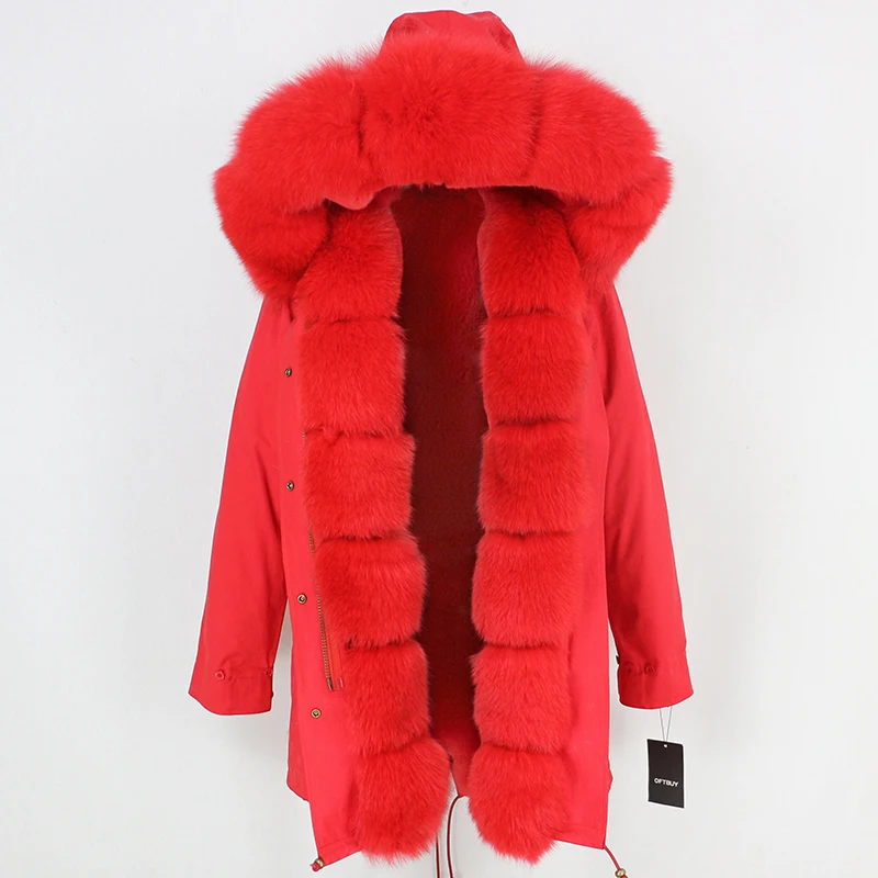 full red OFTBUY шуба из натурального Лисьего меха, зимняя женская длинная парка, капюшон из натурального Лисьего меха, брендовые парки, Толстая теплая уличная одежда со съемным капюшоном - Цвет: full red