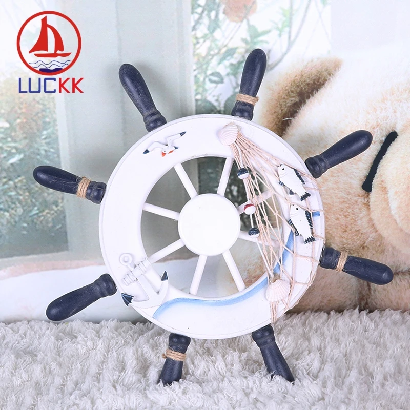 

LUCKK 32 CM Wooden Ship Rudder Model Wall Hanging Dark Blue And Fish Net Home Decoration Sea Style Wood For Crafts Loft Creative