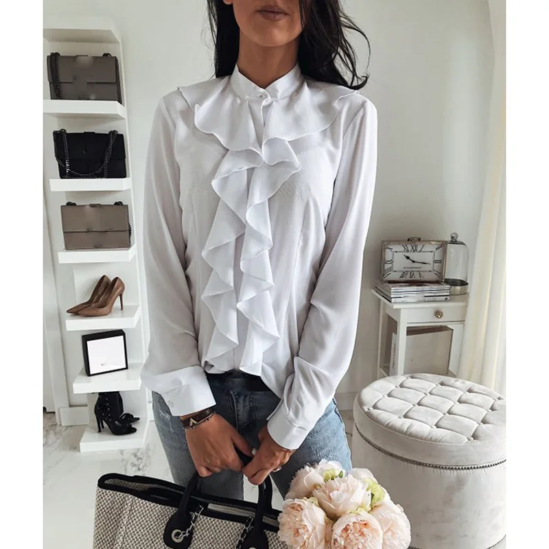 Женская Офисная рубашка Повседневная Блузка с длинными рукавами и оборками
