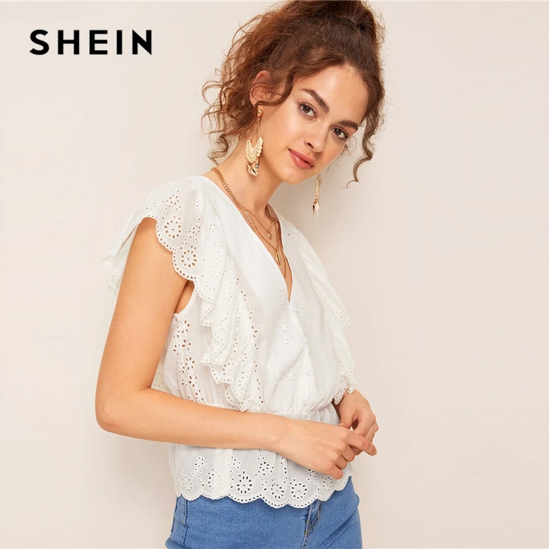 SHEIN женская блузка с пуговицами спереди и рюшами, модель года, летняя однотонная блузка белого цвета в стиле бохо с v-образным вырезом и вышивкой