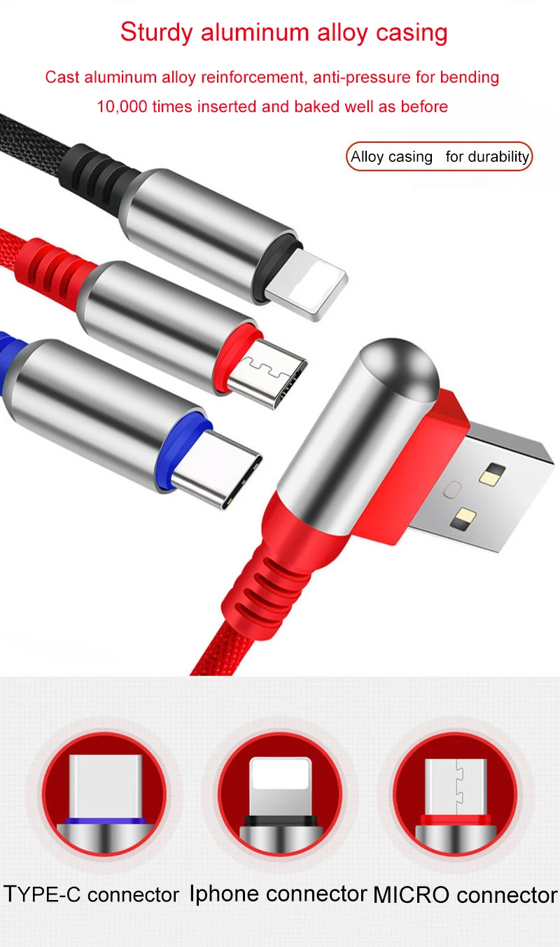 3 в 1 Локоть быстрой зарядки USB кабель Micro USB 8Pin type C кабель для samsung huawei 90 градусов USB кабель для iPhone X XS USB шнур