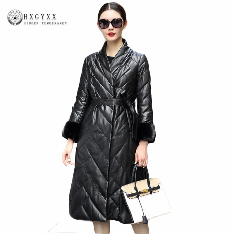 2017 Women Black Winter Coat Real Mink Fur Thick Genuine Leather Jacket Long White Duck Down Sheepskin Coats Plus Size OKB245|coat down|coats