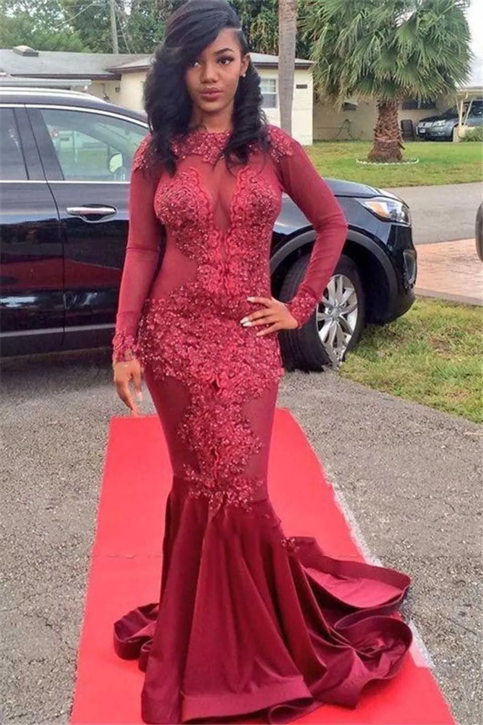 

African Black Girls Burgundy Mermaid Prom Dresses Long 2019 O Neck Long Sleeve Women Evening Party Gowns Wear
