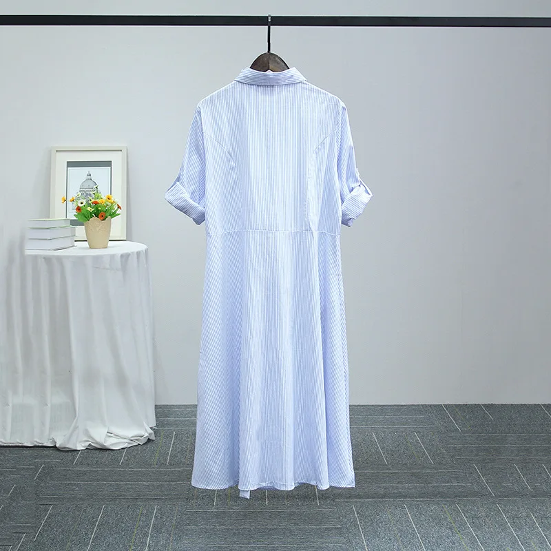 the spring of 2018 new stripe contracted with decorative embroidery 7 minutes sleeve cotton long dress in female | Женская одежда