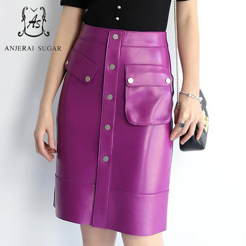 

Autumn winter women genuine leather skirt sexy Asymmetrical large pocket sheepskin leather Package hip Straight Middle-skirt