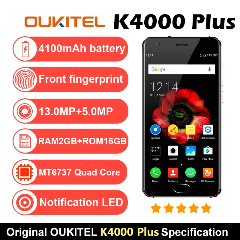 Oukitel K4000 плюс 5 0 &quotHD 4 ядра 1 3 ГГц 2 ГБ Оперативная память 16 Встроенная MTK6737 Android 6 8MP