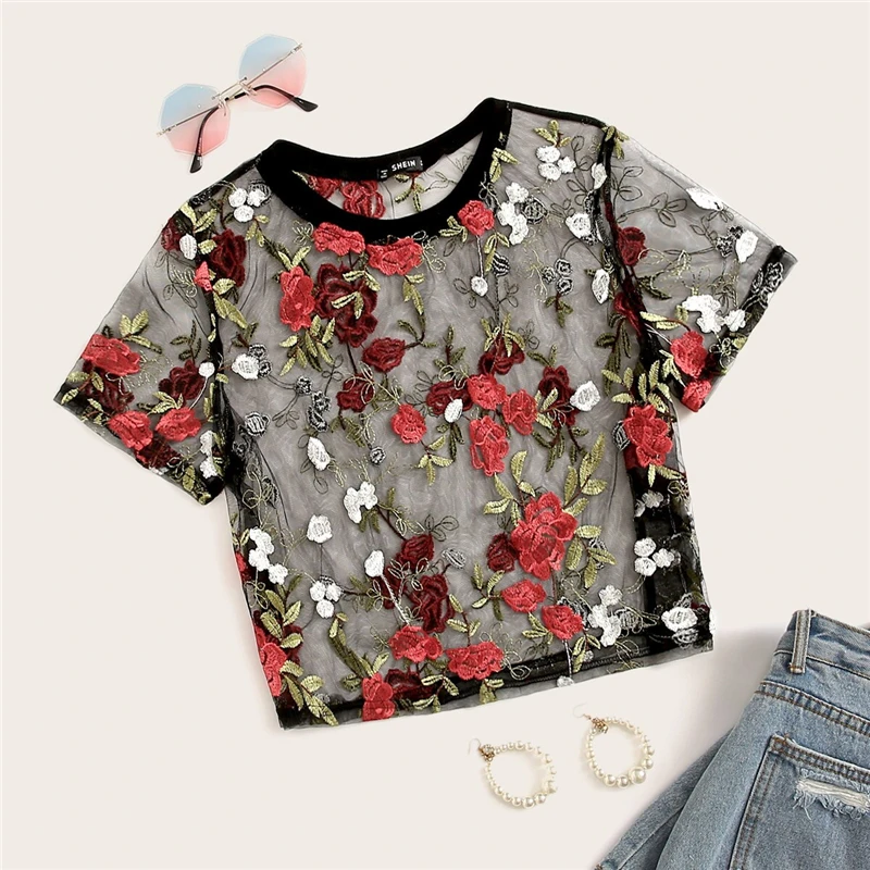 SHEIN Boho разноцветная Цветочная вышивка Прозрачная сетка Сексуальная укороченная блузка женская летняя круглый вырез короткий рукав элегантный топ блузки