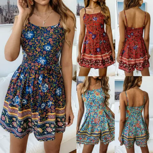 Женское Короткое платье на бретельках летнее пляжное с цветочным принтом 2019 |
