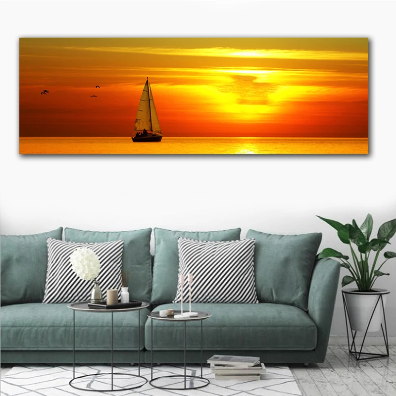 

GoldLife Sunsets Natural Sea Landscape Posters and Prints Canvas Painting Sailboat Scandinavian Wall Art Picture for Living Room