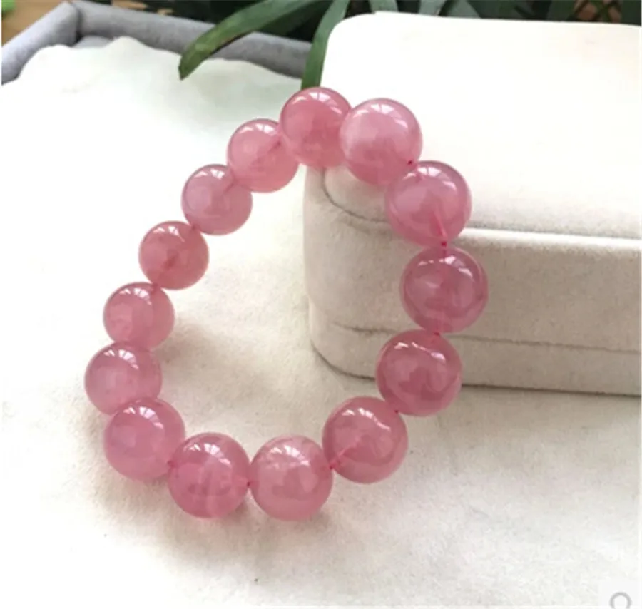 Женский браслет из натурального камня розовый кварцевый кристалл 15 мм|Плетеные