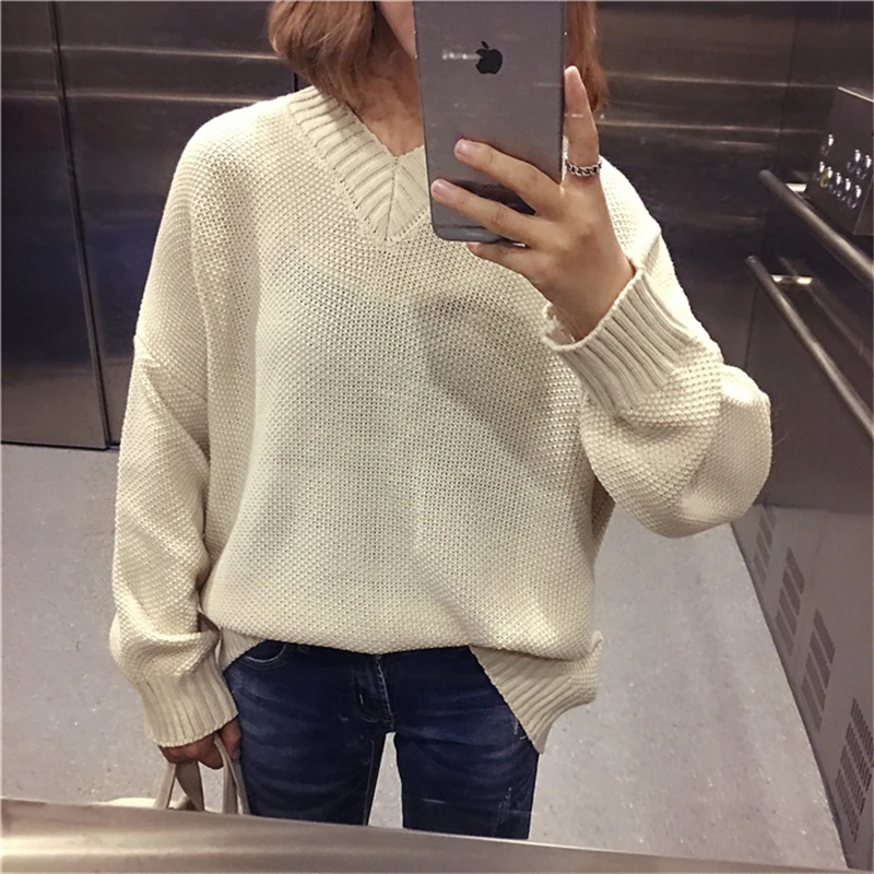 RUGOD Korean Style Casual Sweater Crocheted Pullover Women 2018 Fashion Spring Sexy V neck Long Sleeve Loose Jumper | Женская одежда