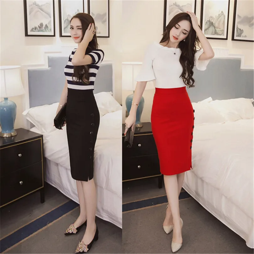 

CUHAKCI Sexy Women Elegant High Waist Pencil Skirt Open Slit Knee-Length Plus Size 4XL 5XL New Slim Button Red Black