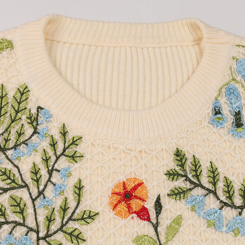 Autumn Winter Sweaters Women Gridding Flower Embroidered Luxury Runway Fashion Knitted Sweater Casual Pullover Tops New | Женская одежда