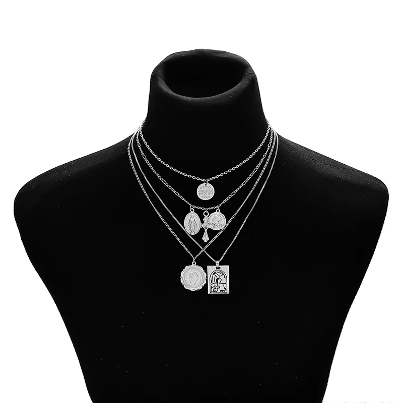 Silver SHIXIN Boho 4 многослойное ожерелье-чокер для женщин разделяемая Длинная цепочка крест Руна девственница Мэри кулон модное ювелирное изделие для женщин - Окраска металла: Silver