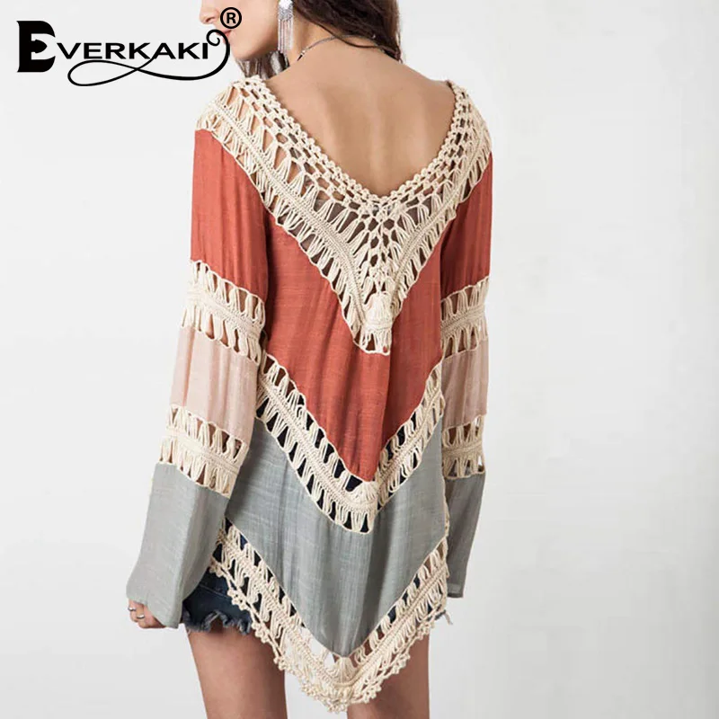 Everkaki Boho открытые лоскутные блузки женские рубашки размера плюс свободные