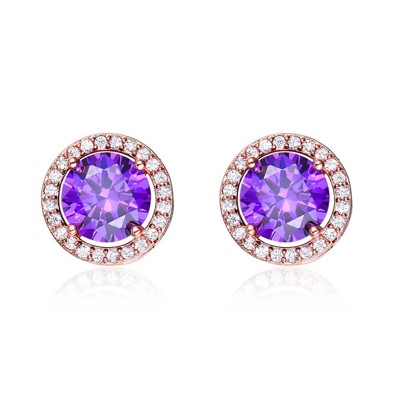 Rose Gold Purple Милые круглые Разноцветные серьги-гвоздики с кристаллами для девушек, для женщин, 925 серебро, розовое золото, заполненные белым, синим, зеленым огненным опалом, серьги CZ - Окраска металла: Rose Gold Purple