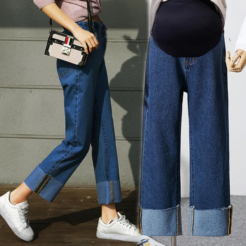 

Spring Autumn Wide Leg Women Maternity Jeans Pants For Pregnant Nursing Jeans Casual Trousers Adjustable Pregnancy Denim Pants