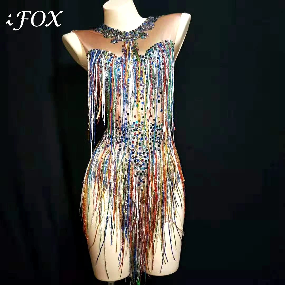 

2019 Glisten Colorful Rhinestones Bodysuit Sexy Tassel One Piece Stage Dance Costume For Women Crystals Stretch Dance Outfit