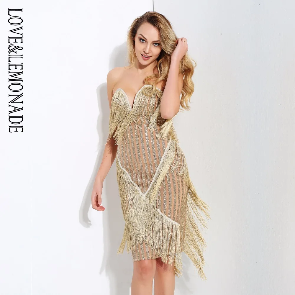Женское платье с бахромой LOVE &amp LEMONADE в полоску глубоким V-образным вырезом модель