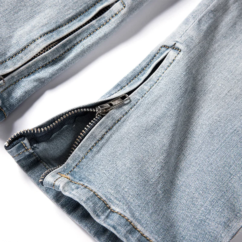 Уличные мужские джинсы 2017 на молнии с дырками облегающие модные штаны большого