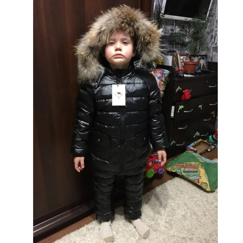 Black Зимний детский пуховый костюм Длинные однотонные белые пуховики на молнии для мальчиков и девочек утепленная куртка+ штаны одежда из двух предметов - Цвет: Black