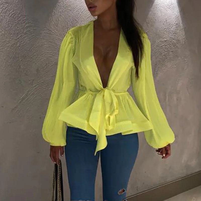 Женская блузка с бантом и поясом офисная глубоким v образным вырезом рукавом