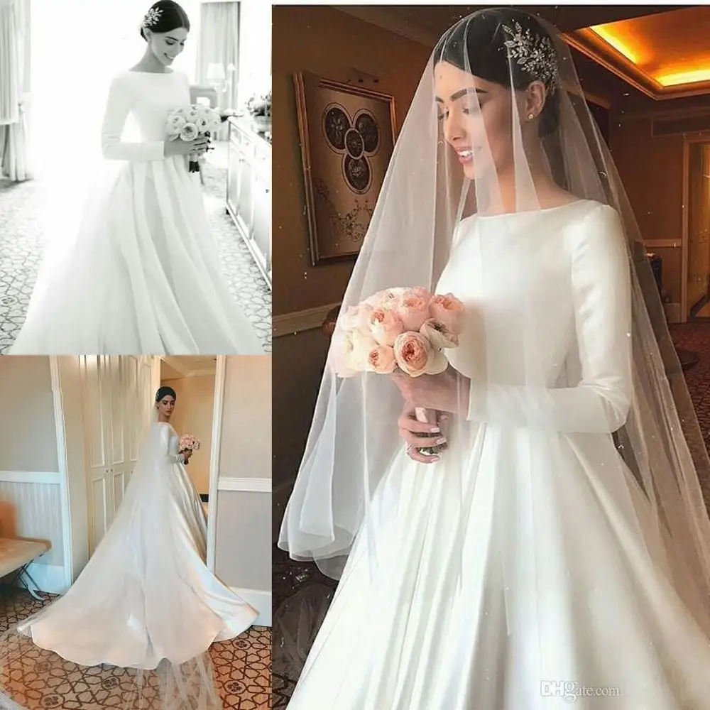 Unique Designed Satin Wedding Dresses Modest Long Sleeve Beteau Neckline Court Train Bridal Gowns Formal Robe de mariage | Свадьбы и