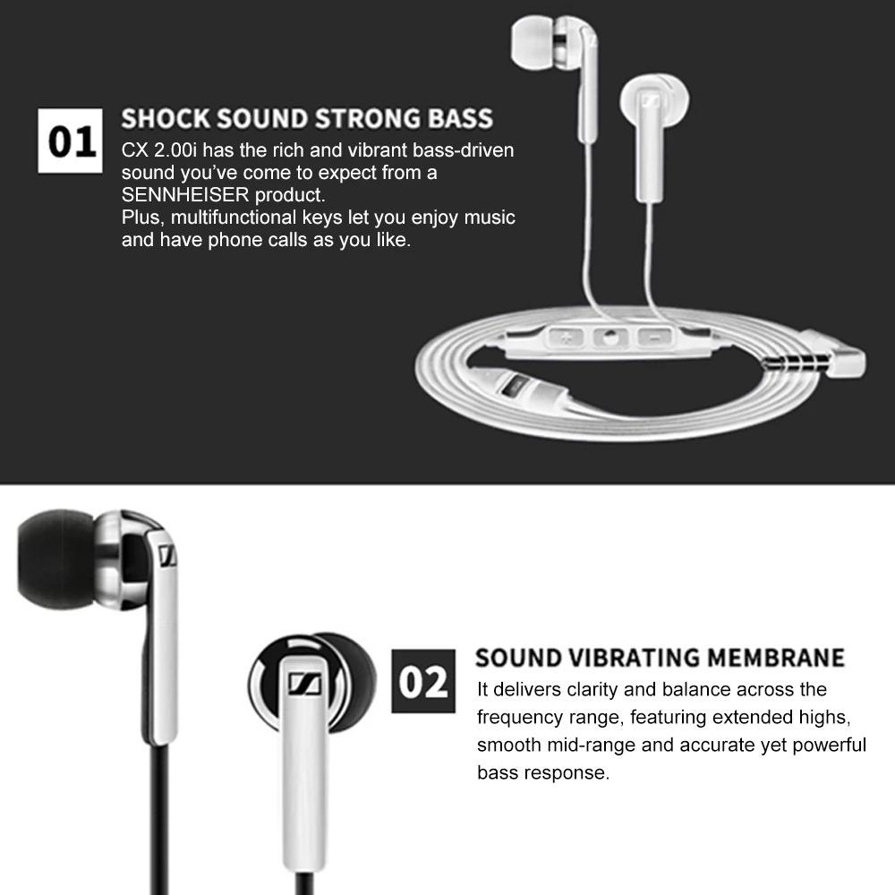 Проводные наушники Sennheiser CX 2.00i 3,5 мм с микрофоном динамическая гарнитура стерео звук тяжелый бас звук наушники совместимы с iOS