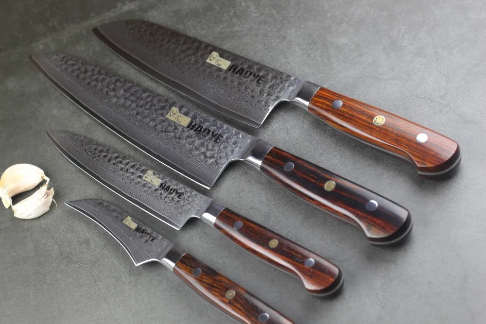 4 piece damascus kitchen knife set Japanese vg10 steel chefs knives santoku steak very sharp full tang with rosewood handle | Дом и сад