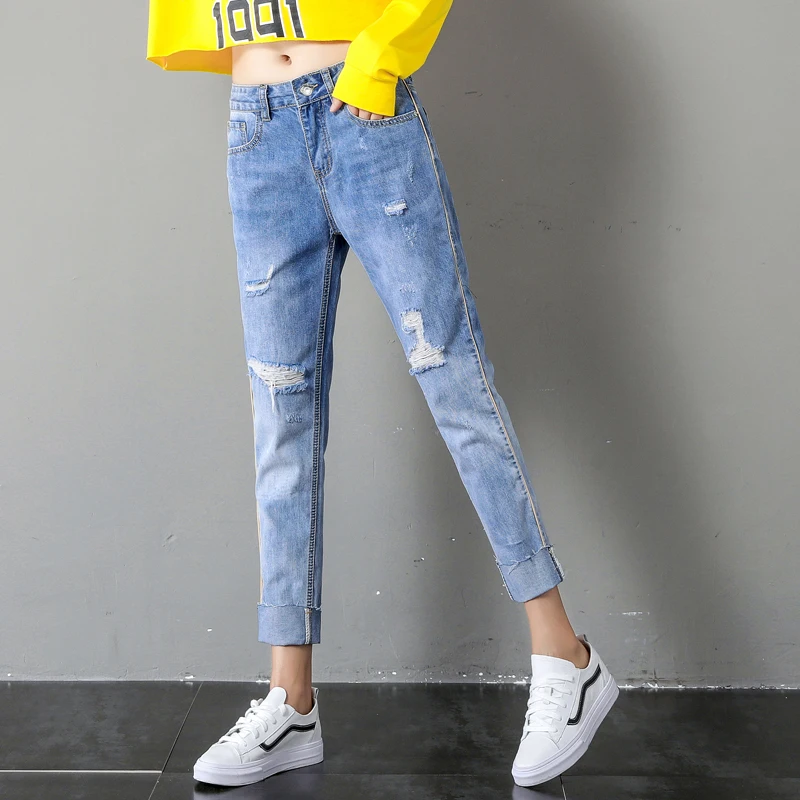 R & H синие джинсы Для женщин дно Street Wear молния бахрома Рваные брюки 2018 весенние