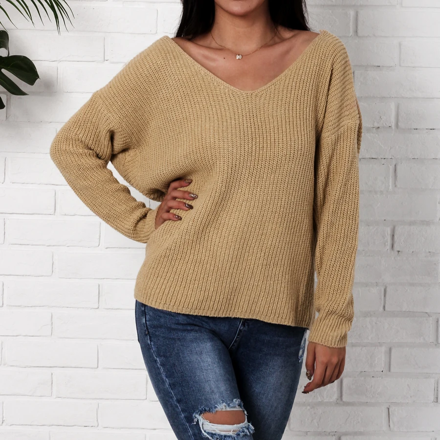 Sexy Criss Cross Backless Knitted Sweater Women 2018 Autumn Winter Fashion Long Sleeve Loose Pullovers Oversized Khaki | Женская одежда