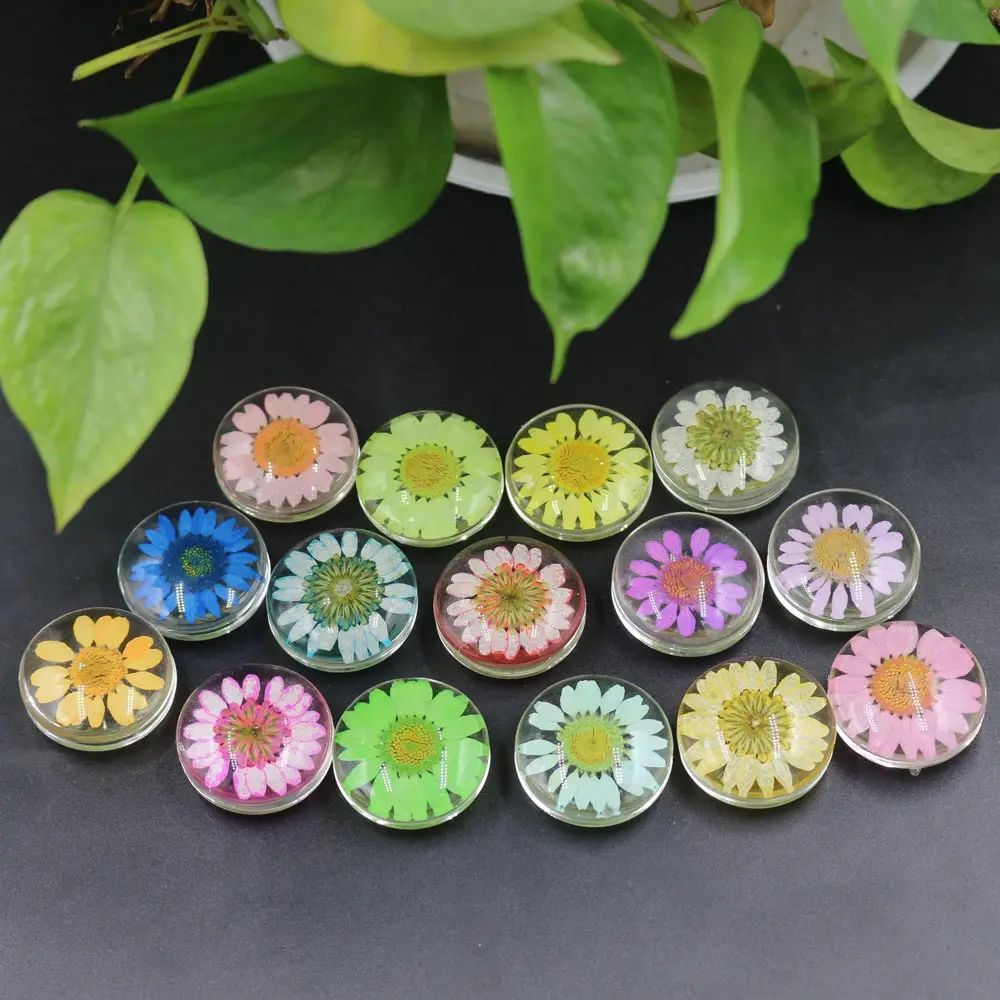 ZHUBI 2pcs 30MM Handmade Vintage Style Natural Dried Sun Flowers Long Necklaces & Pendants Glass Flat Ball Resin Cameo Pendant |