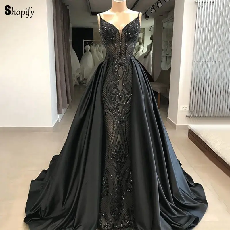 

Long Elegant Evening Dress 2022 New Arrival V-neck Lace Saudi Arabia Women Black Formal Evening Gowns With DetachableTrain