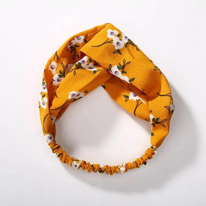 yellow flower 1 Повязка на голову в богемном стиле с цветочным принтом для женщин, винтажная повязка на голову с перекрестным узлом, эластичные резинки для волос, аксессуары для волос для девочек - Цвет: yellow flower 1