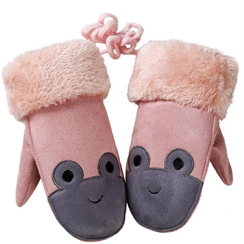 Pink Детские милые варежки с мультяшными лягушками, зимняя теплая Толстая кашемировая замша, кожаные перчатки из искусственной овчины для мальчиков и девочек, подарки для детей, 100E - Цвет: Pink